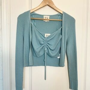 Twine and String Y2K Style Ribbed Knit Shrug Cardigan & Cinch Front Top